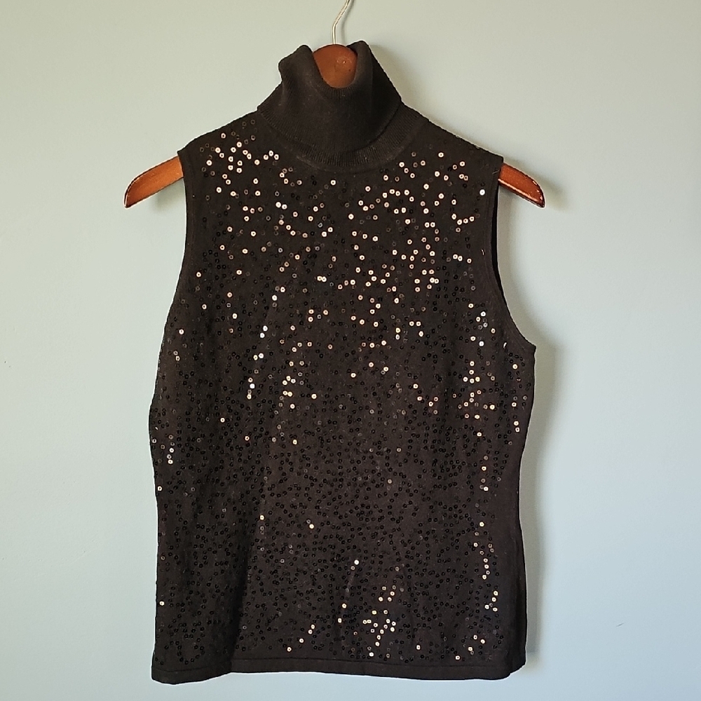 Newport News Black Sleeveless Turtleneck Top with Sequins Size Large